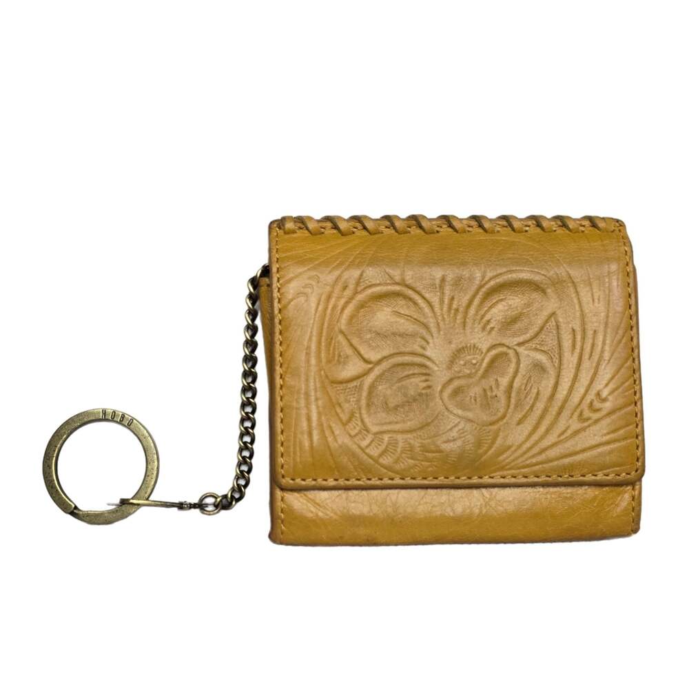 HOBO Yellow Leather Credit Card Wallet with Chain and Floral Embossment